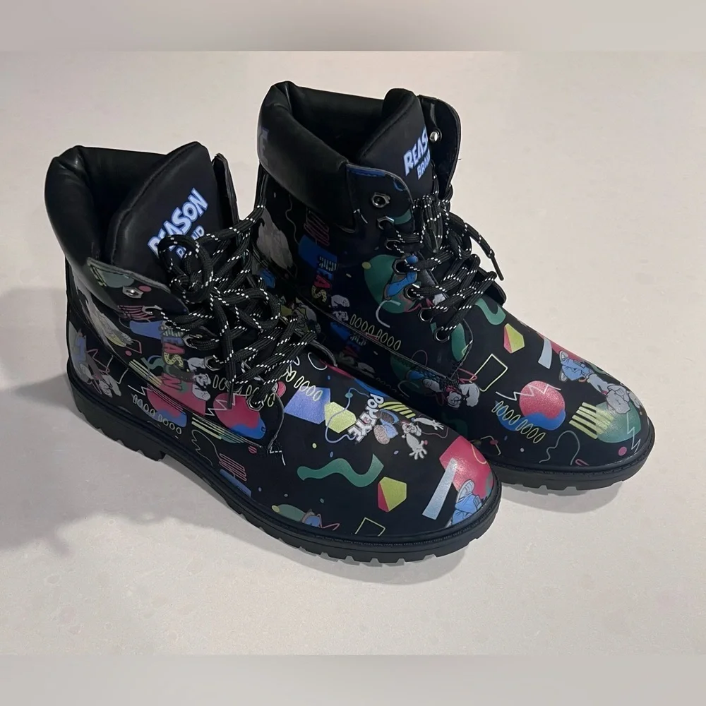 Popeye X Reason Collab Faux Suede Graffiti Print Boots‎ Black Mens 10 New